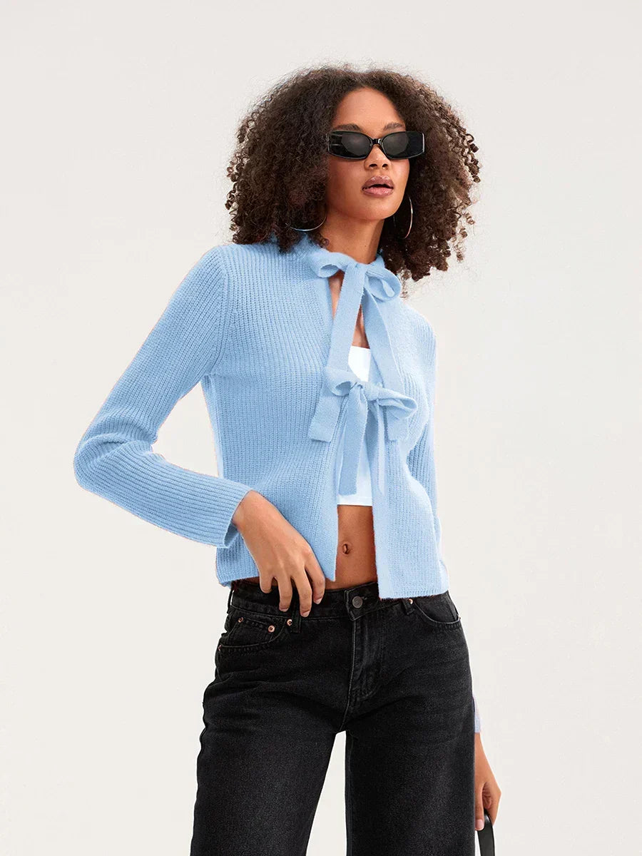 Bow Tie Front Crew Neck Knit Cardigan