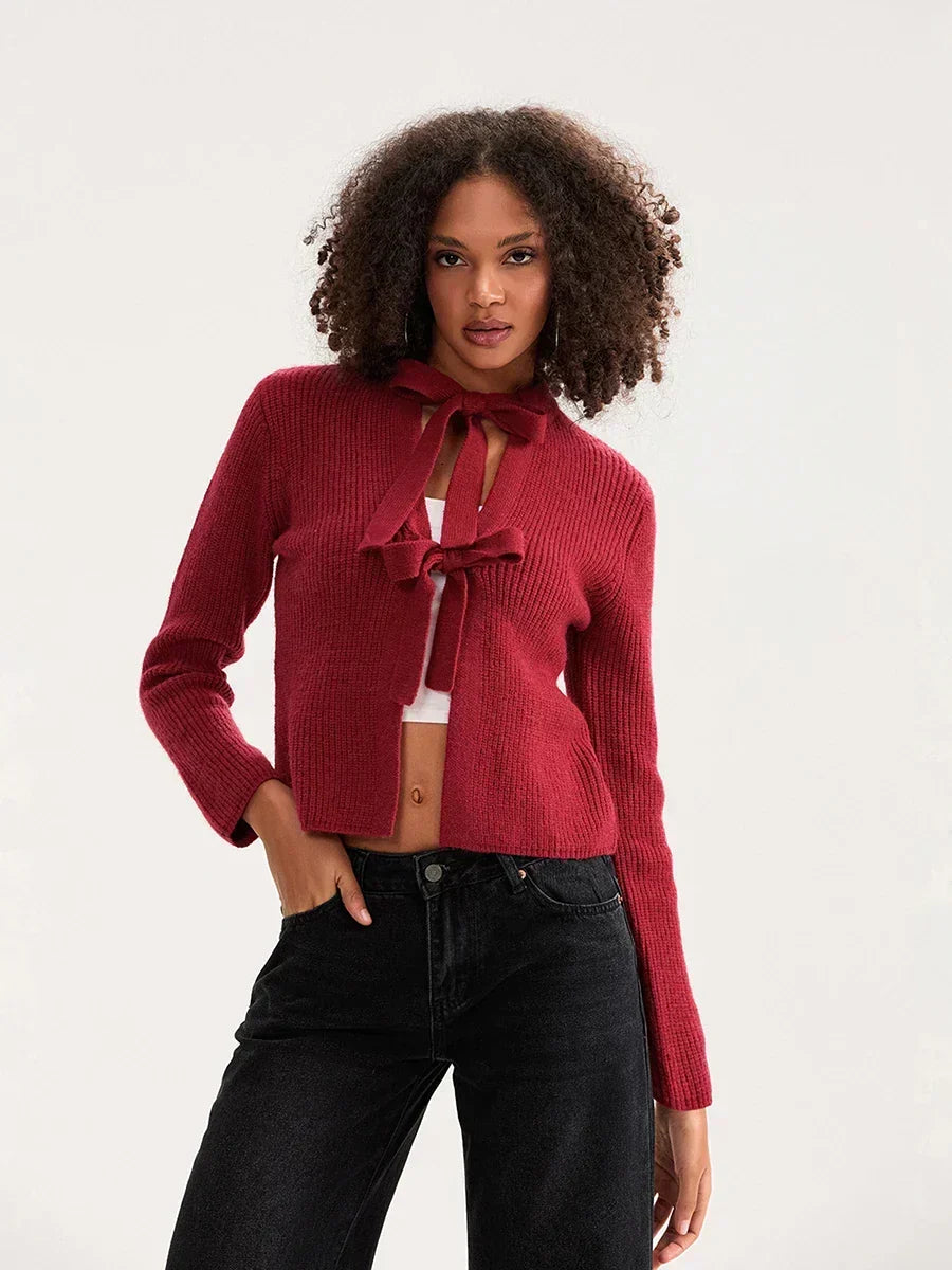 Tie Front Long Sleeve Ribbed Knit Cropped Cardigan 10
