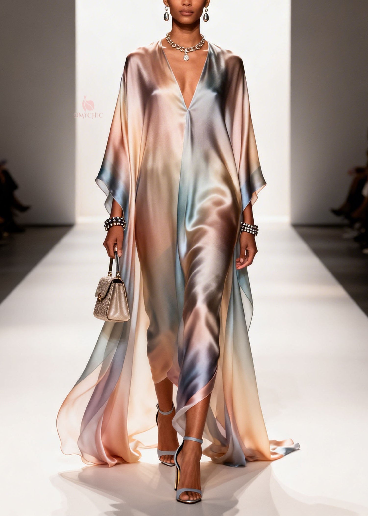 Ombre Print Deep V-Neck Kaftan Cape Sleeve Satin Maxi Gown