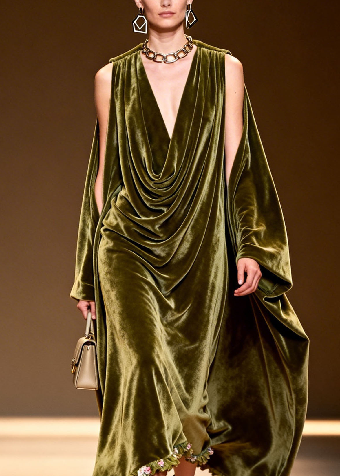 Velvet Cowl Neck Slit Cape Sleeve Floral Embroidered Ruffle Hem Maxi Gown