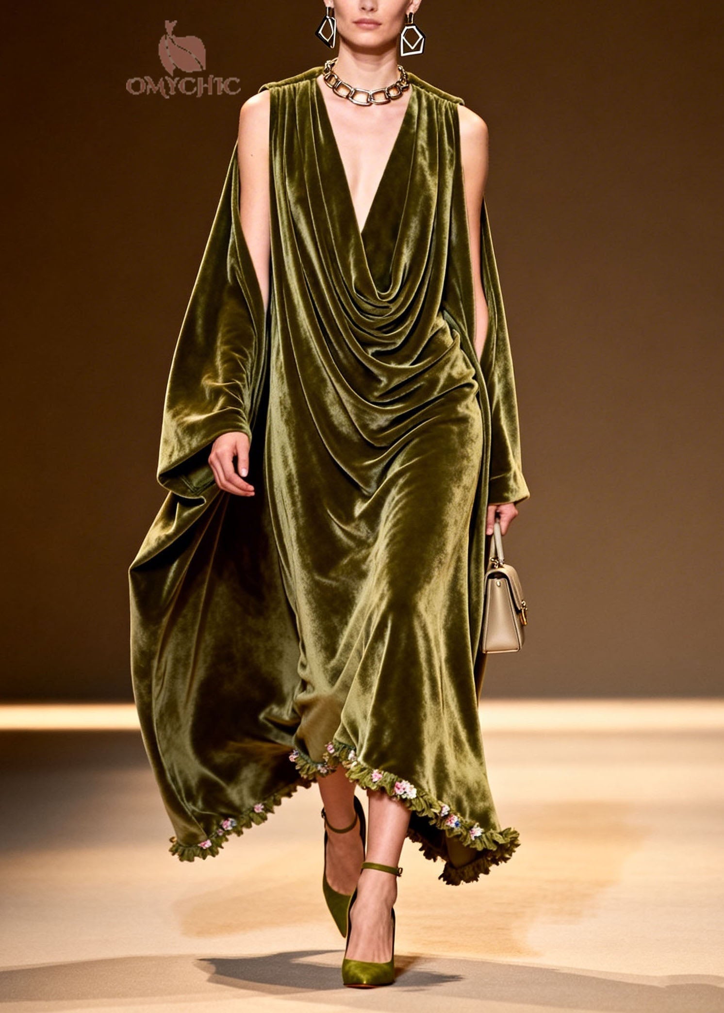 Velvet Cowl Neck Slit Cape Sleeve Floral Embroidered Ruffle Hem Maxi Gown