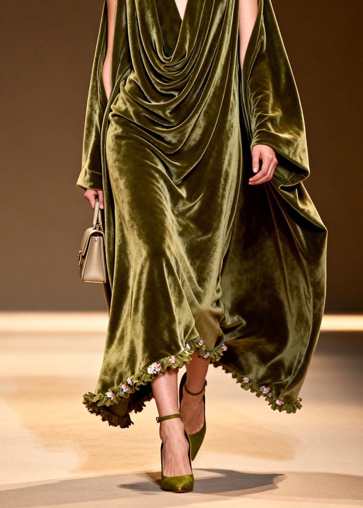 Velvet Cowl Neck Slit Cape Sleeve Floral Embroidered Ruffle Hem Maxi Gown