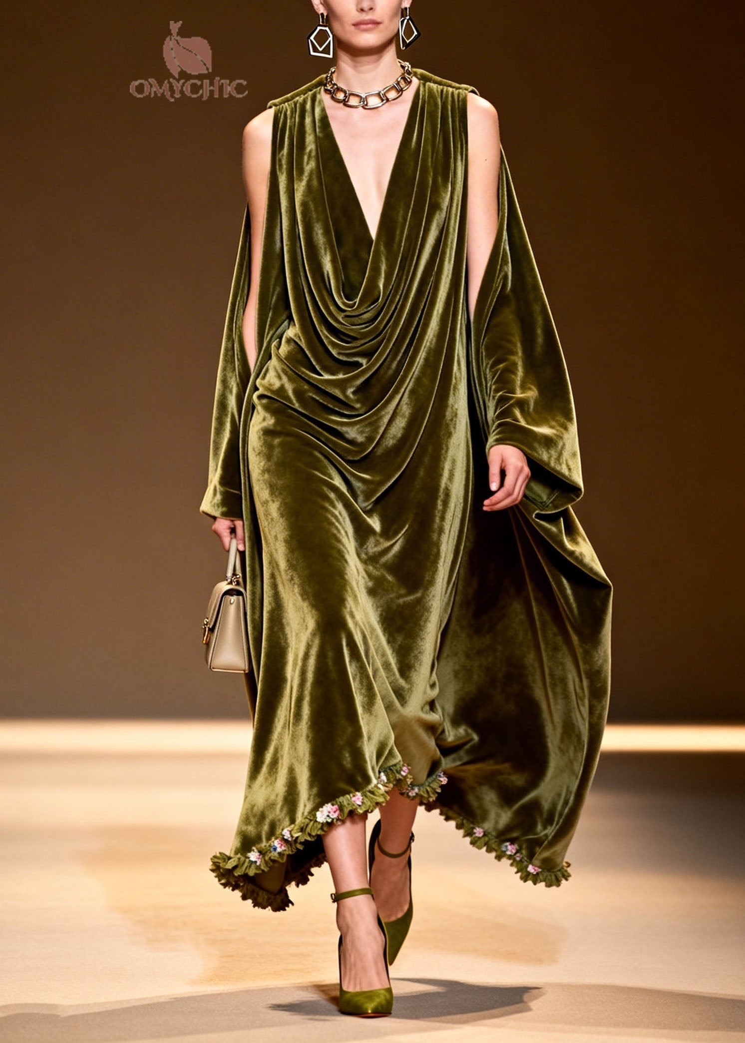 Velvet Cowl Neck Slit Cape Sleeve Floral Embroidered Ruffle Hem Maxi Gown