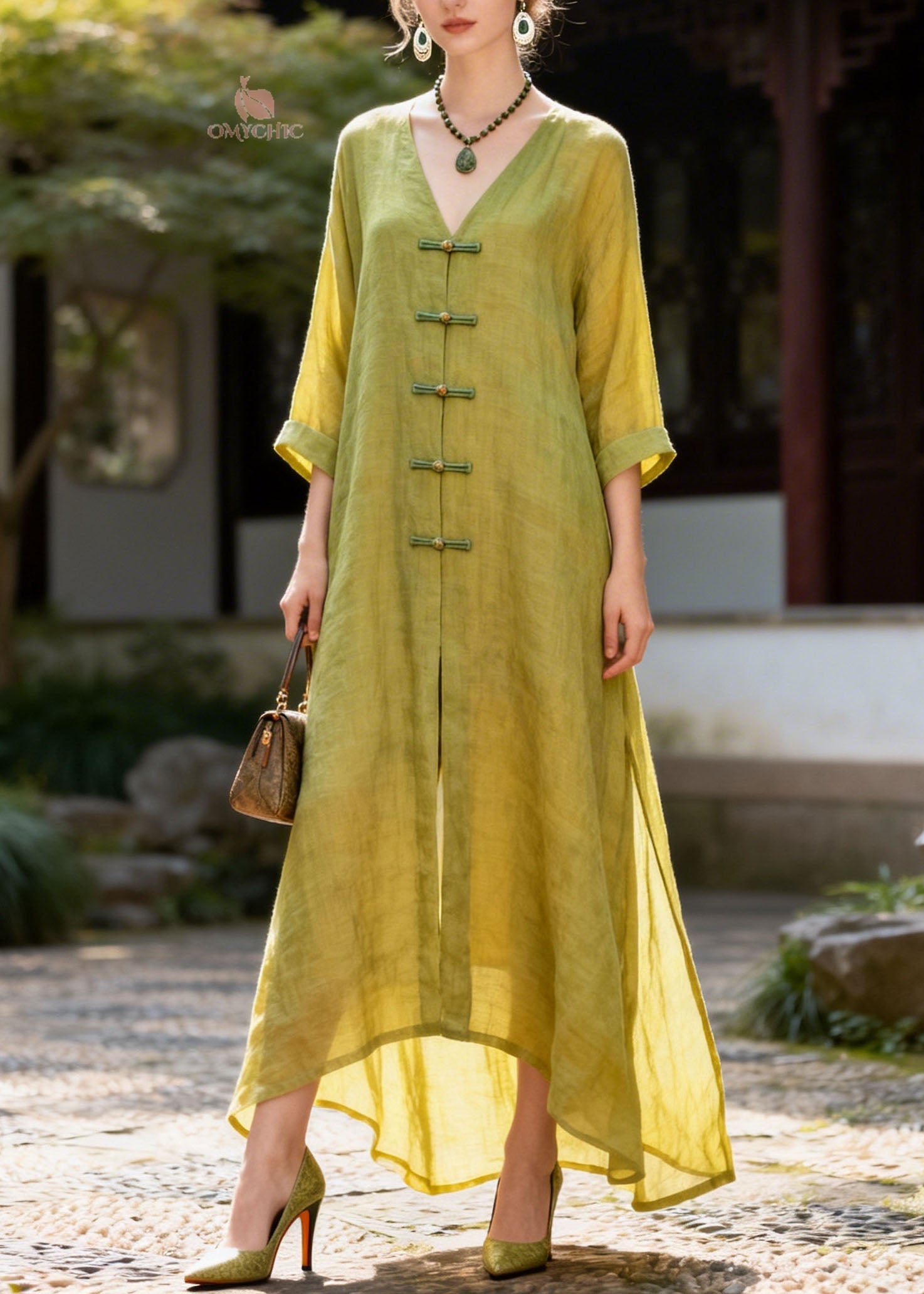 New Green V Neck Patchwork Chinese Button Cotton Maxi Dresses Summer