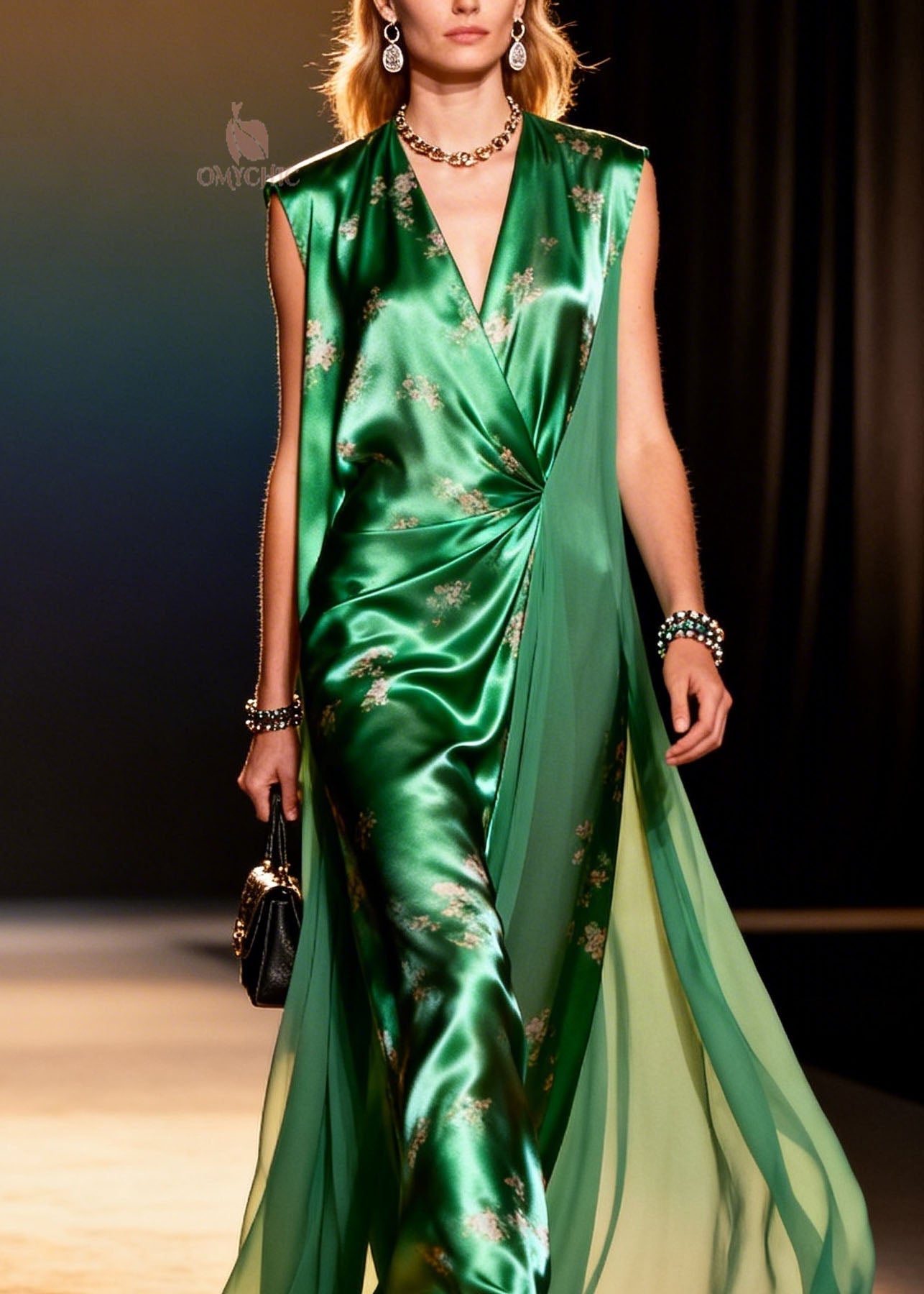 Floral Print Satin Chiffon Twist Waist Deep V-Neck Sleeveless Maxi Gown