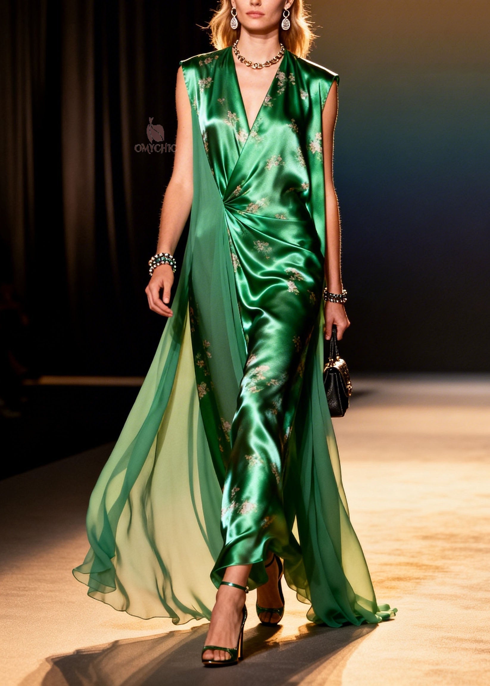 Floral Print Satin Chiffon Twist Waist Deep V-Neck Sleeveless Maxi Gown