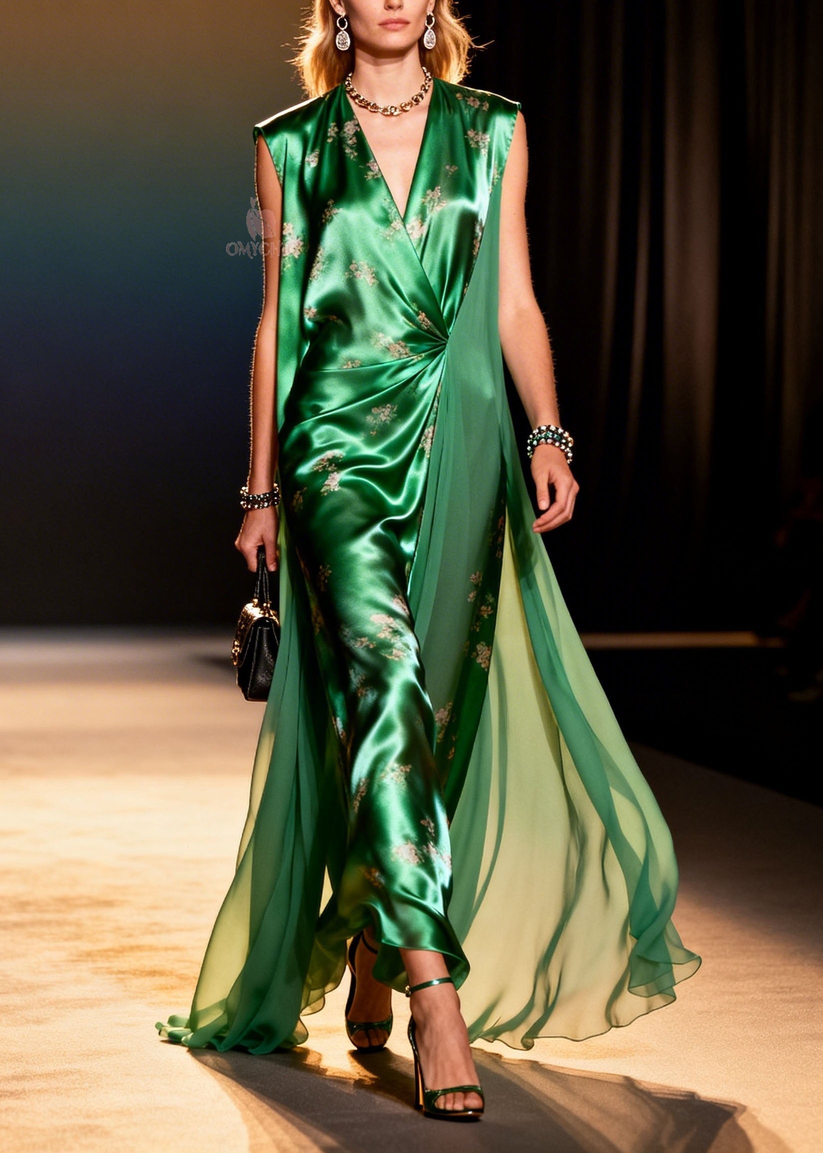 Floral Print Satin Chiffon Twist Waist Deep V-Neck Sleeveless Maxi Gown