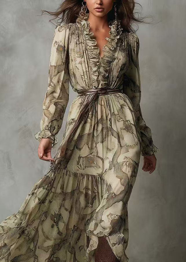 New Green V Neck Ruffled Patchwork Chiffon Long Dresses Summer 2
