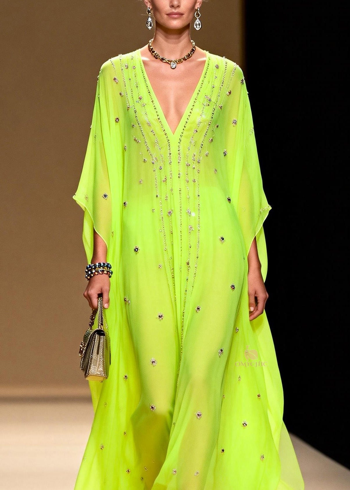Rhinestone Scatter Deep V-Neck Batwing Sleeve Sheer Chiffon Kaftan Maxi Gown