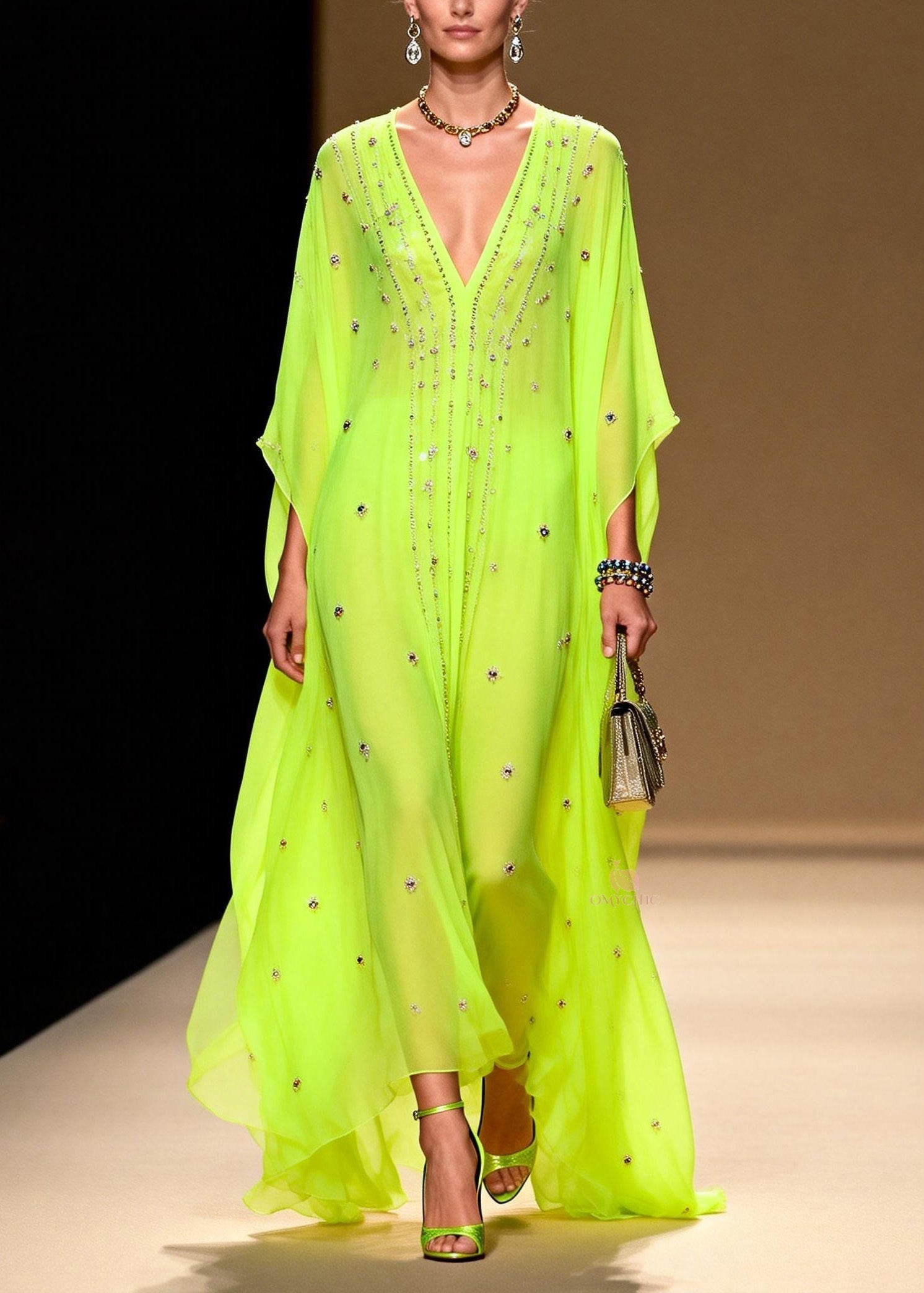 Rhinestone Scatter Deep V-Neck Batwing Sleeve Sheer Chiffon Kaftan Maxi Gown