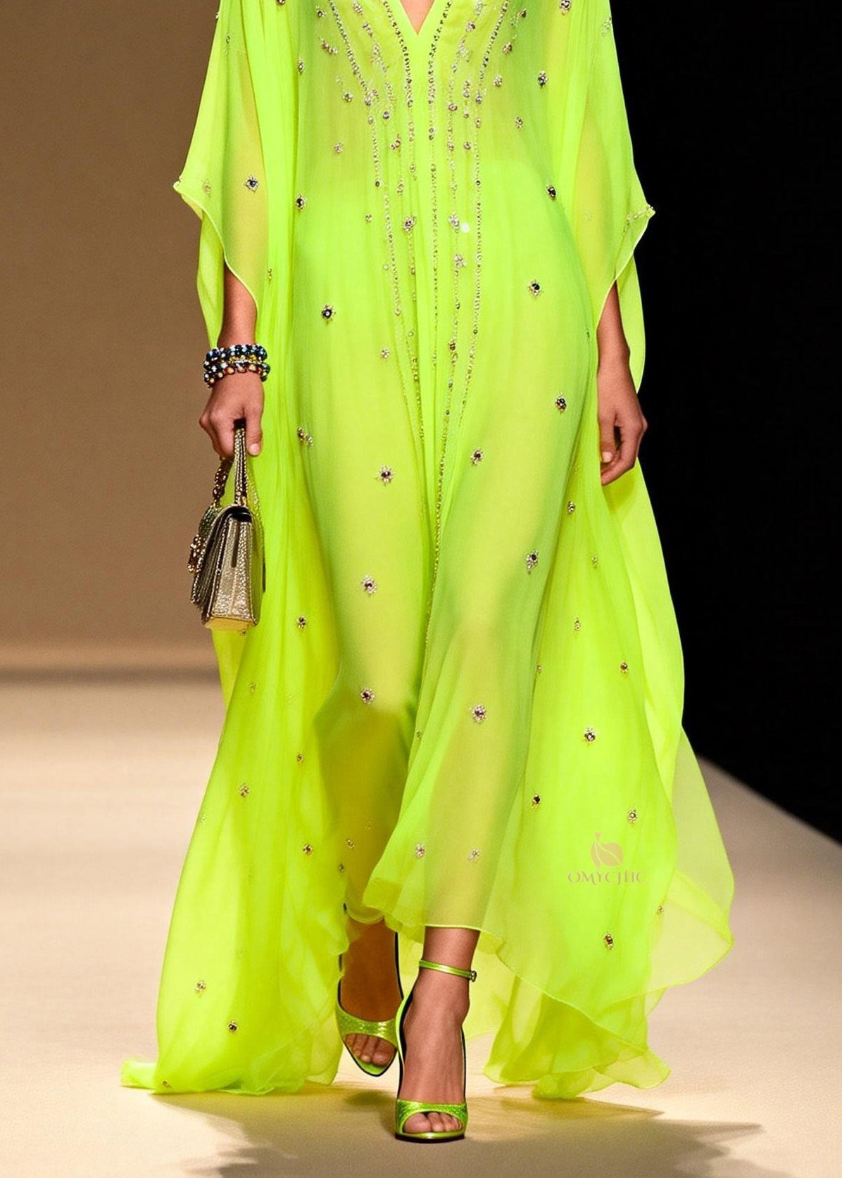 Rhinestone Scatter Deep V-Neck Batwing Sleeve Sheer Chiffon Kaftan Maxi Gown
