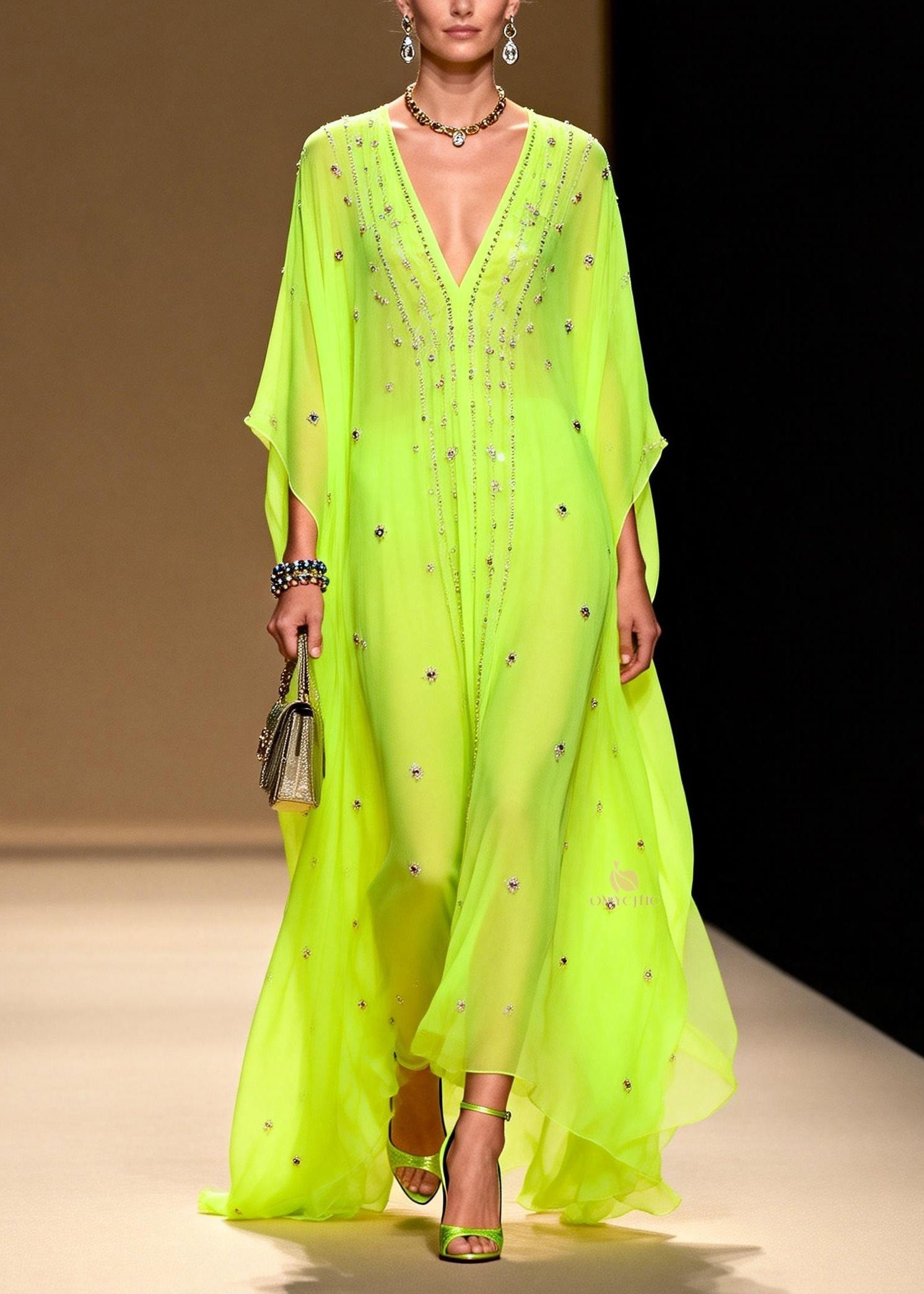 Rhinestone Scatter Deep V-Neck Batwing Sleeve Sheer Chiffon Kaftan Maxi Gown