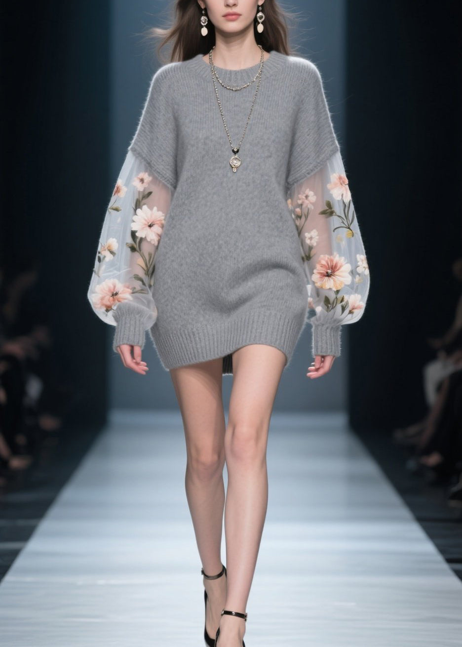 Knit Drop Shoulder Tulle Floral Embroidered Balloon Sleeve Mini Dress