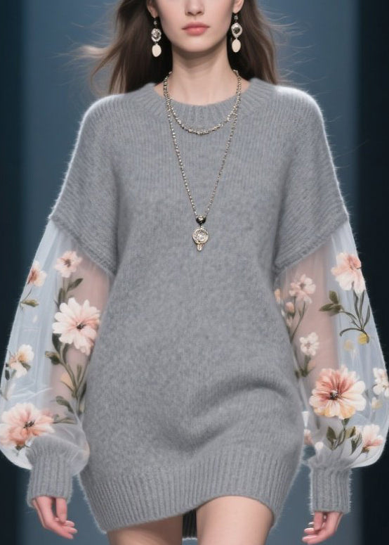Knit Drop Shoulder Tulle Floral Embroidered Balloon Sleeve Mini Dress