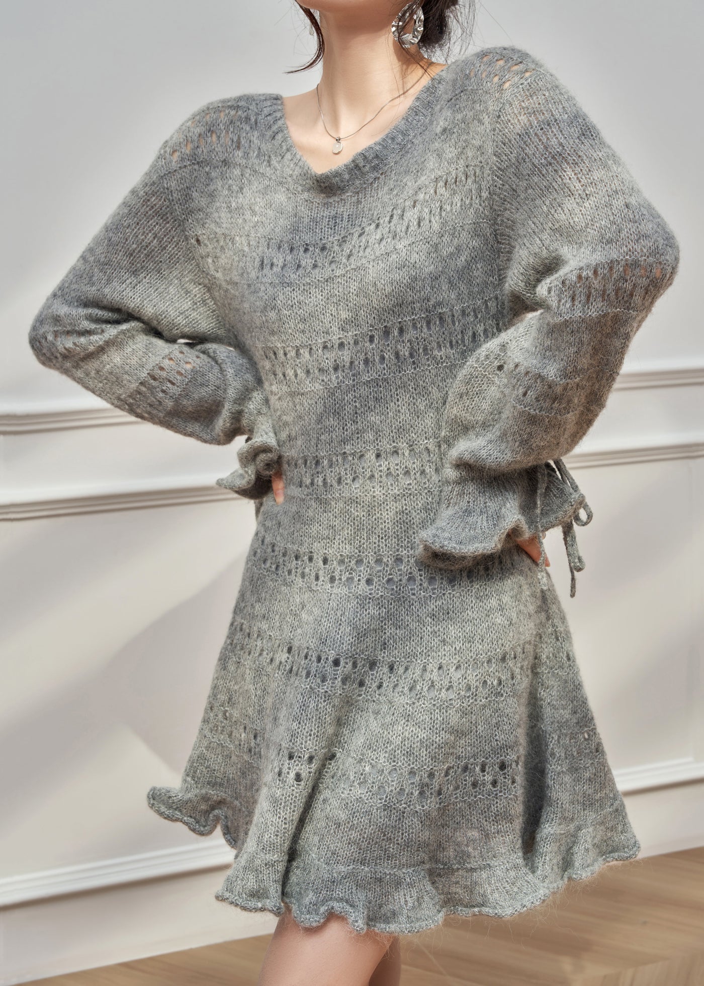 New Grey Ruffled Hollow Out Lace Up Knit Sweater Dress Fall 4