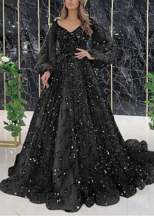Sequin Embellished Tulle V-Neck Lantern Sleeve Train Ball Gown 4