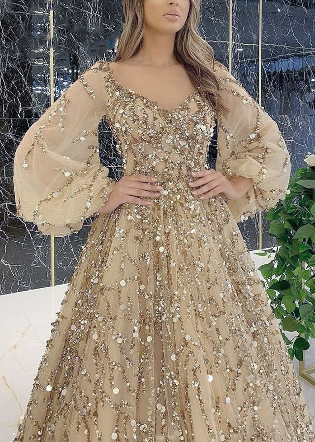 Sequin Embellished Tulle V-Neck Lantern Sleeve Train Ball Gown 5
