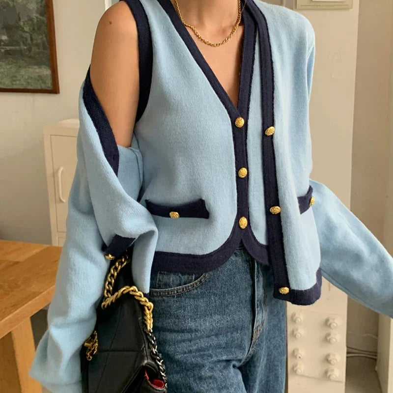 V-Neck Contrast Trim Button Front Cardigan and Knit Vest Two Piece Set