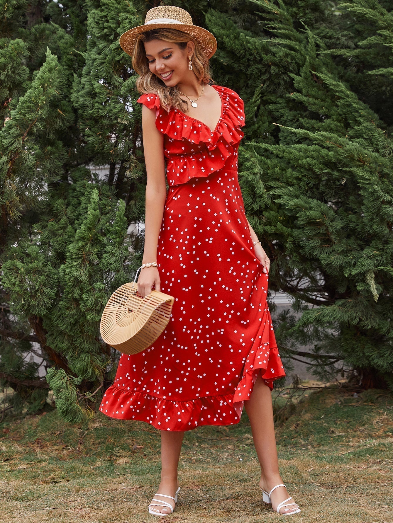 New High-waist Ruffled Slim-fit Polka-dot Sleeveless Red Dress