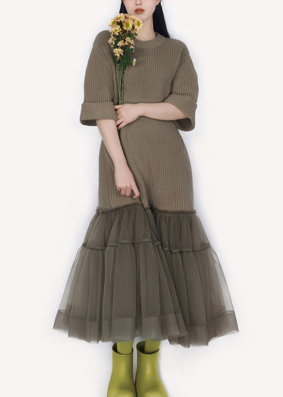 Tiered Tulle Crew Neck Ribbed Knit Fit and Flare Midi Dress