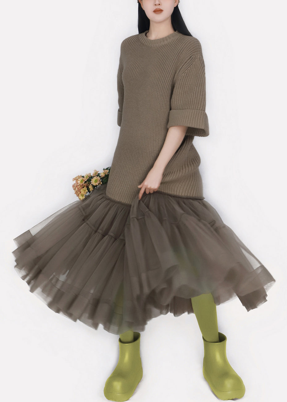 Tiered Tulle Crew Neck Ribbed Knit Fit and Flare Midi Dress