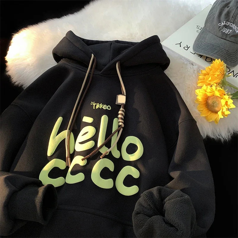 Puff Hello Letter Print Kangaroo Pocket Fleece Hoodie 6