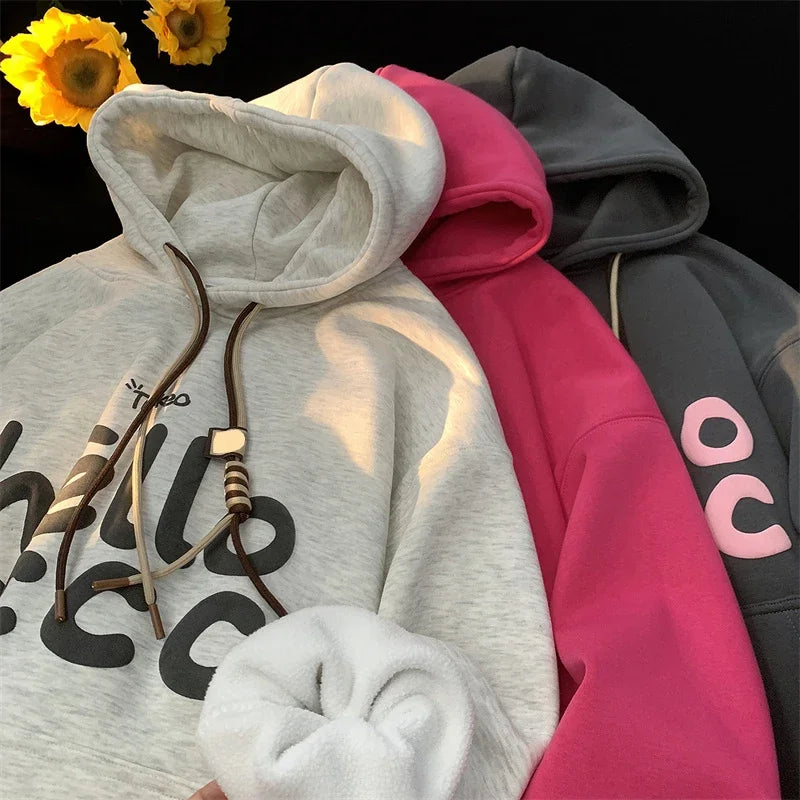 Puff Hello Letter Print Kangaroo Pocket Fleece Hoodie 5