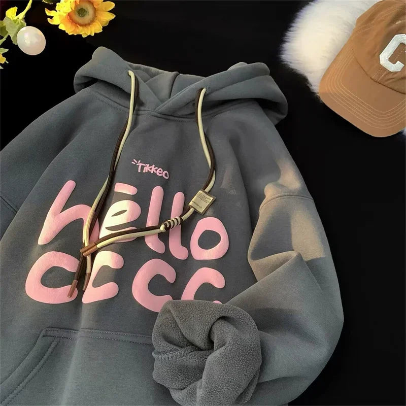 Puff Hello Letter Print Kangaroo Pocket Fleece Hoodie 2
