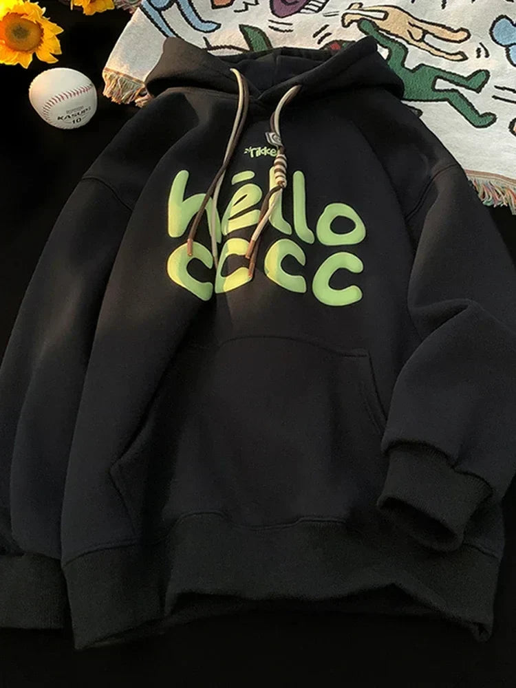 Puff Hello Letter Print Kangaroo Pocket Fleece Hoodie 7