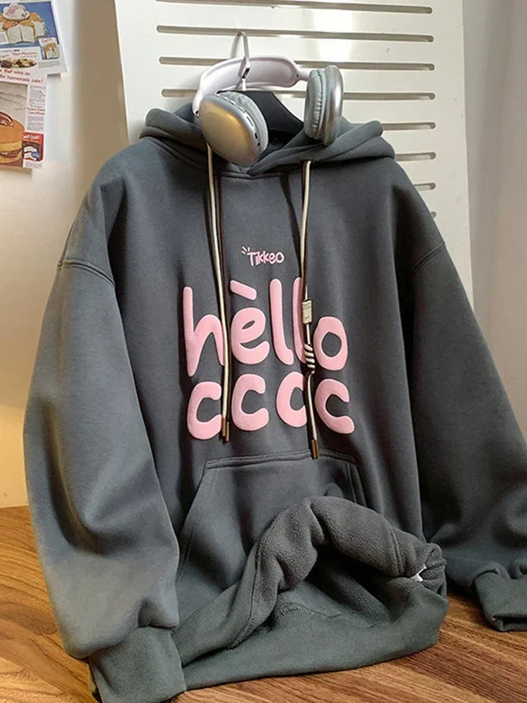 Puff Hello Letter Print Kangaroo Pocket Fleece Hoodie 9