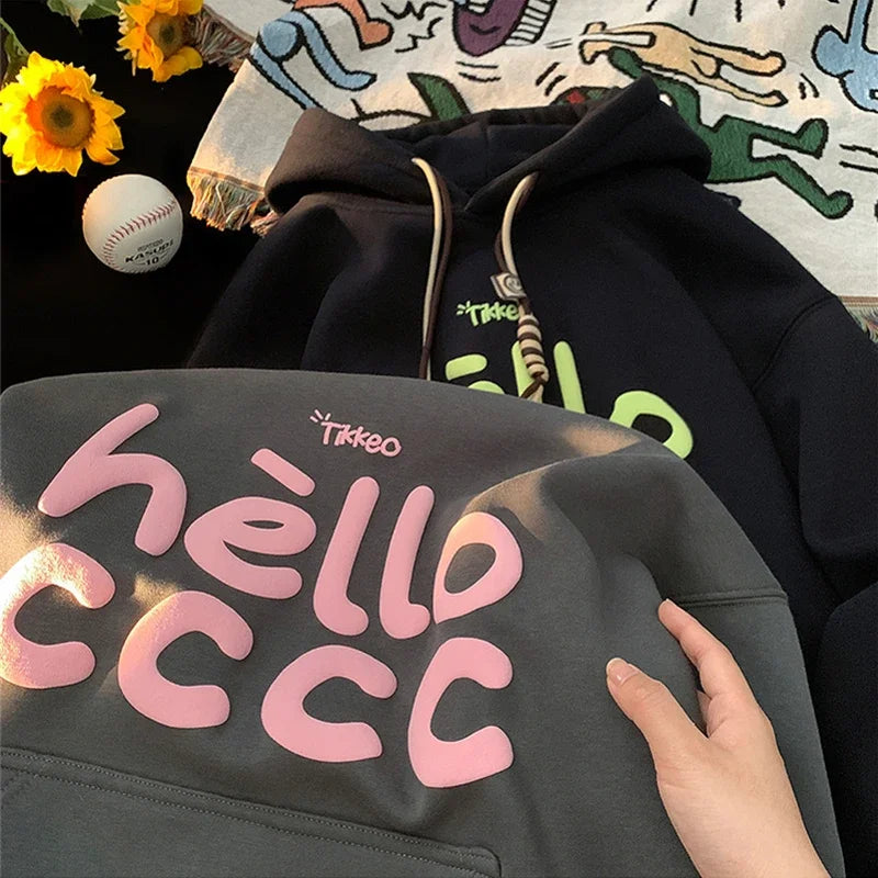 Puff Hello Letter Print Kangaroo Pocket Fleece Hoodie