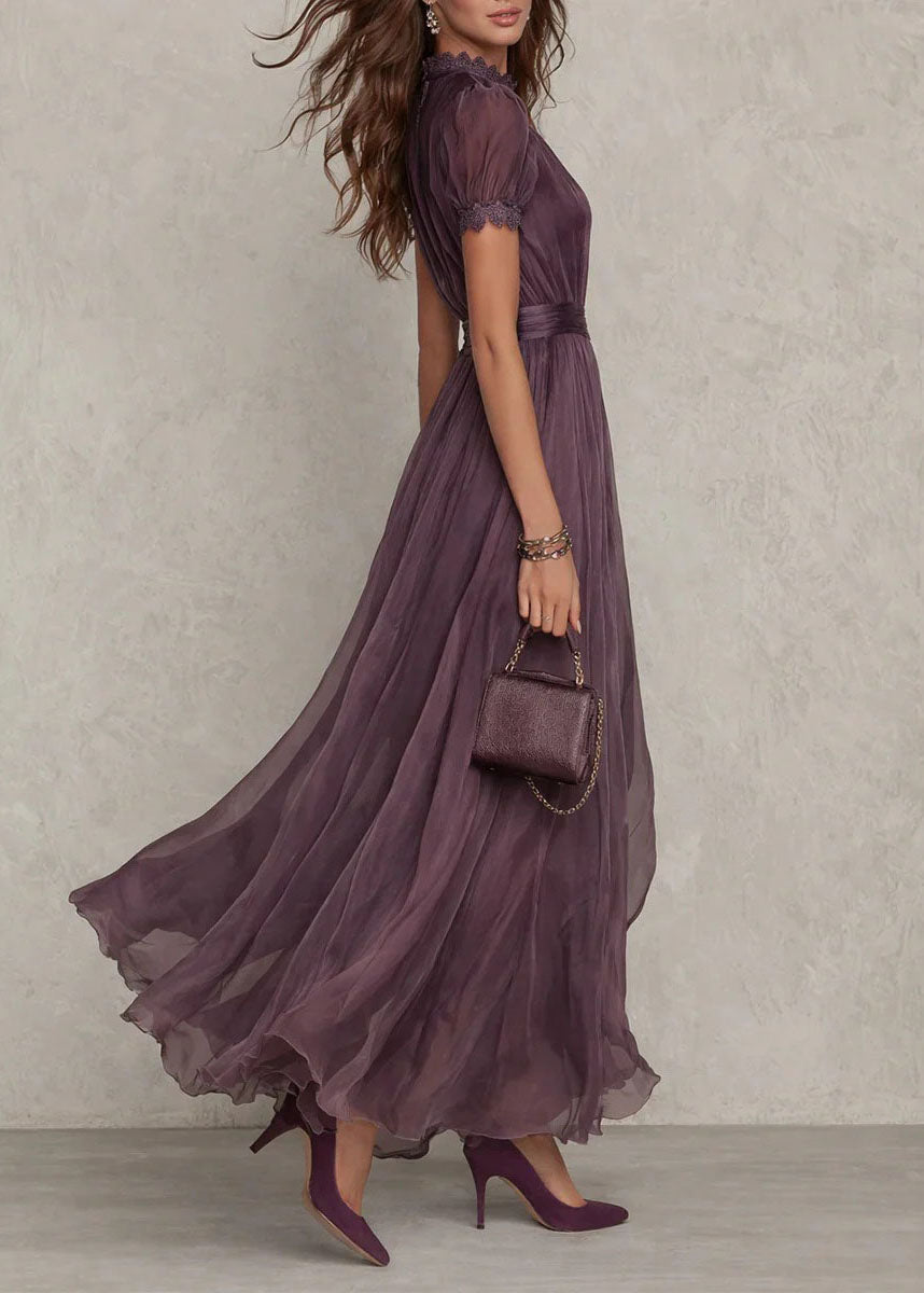 Lace Trim Keyhole Neck Puff Sleeve Pleated Chiffon Waistband Maxi Gown