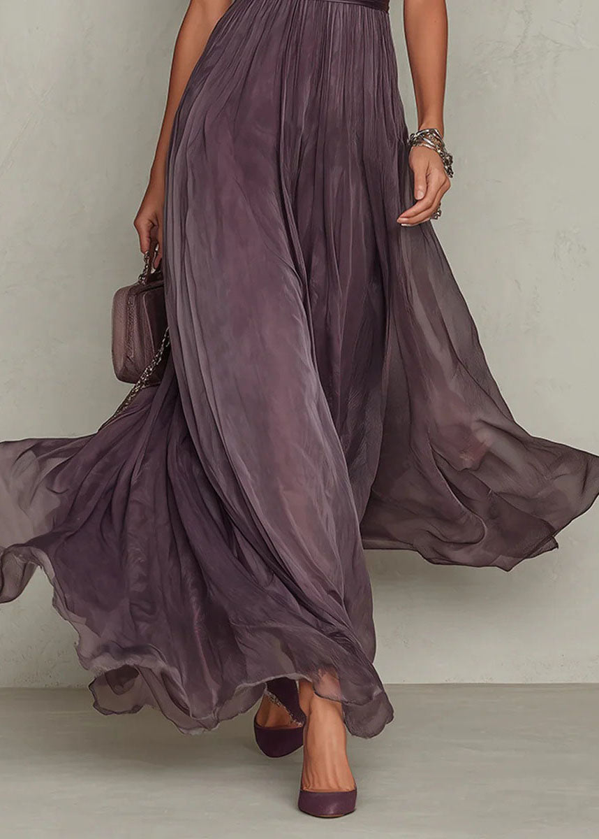 Lace Trim Keyhole Neck Puff Sleeve Pleated Chiffon Waistband Maxi Gown