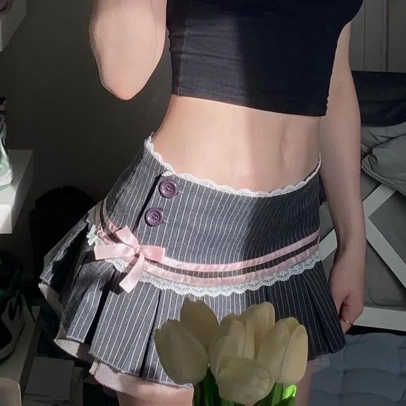 Pinstripe Lace Trim Ribbon Bow Pleated Low Rise Mini Skirt