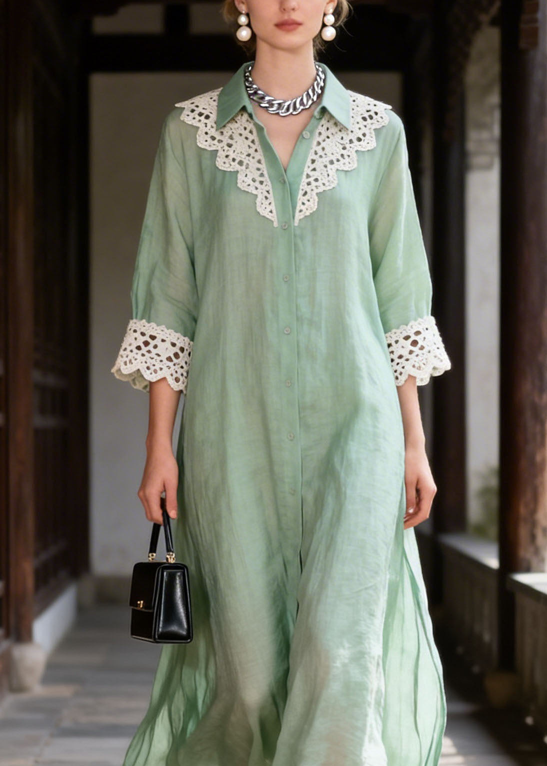 Lace Trim Collar Button Front Three Quarter Sleeve A-Line Midi Dress