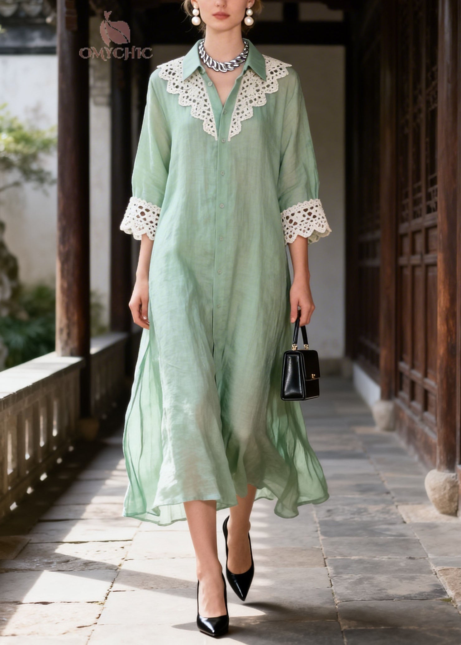 Lace Trim Collar Button Front Three Quarter Sleeve A-Line Midi Dress