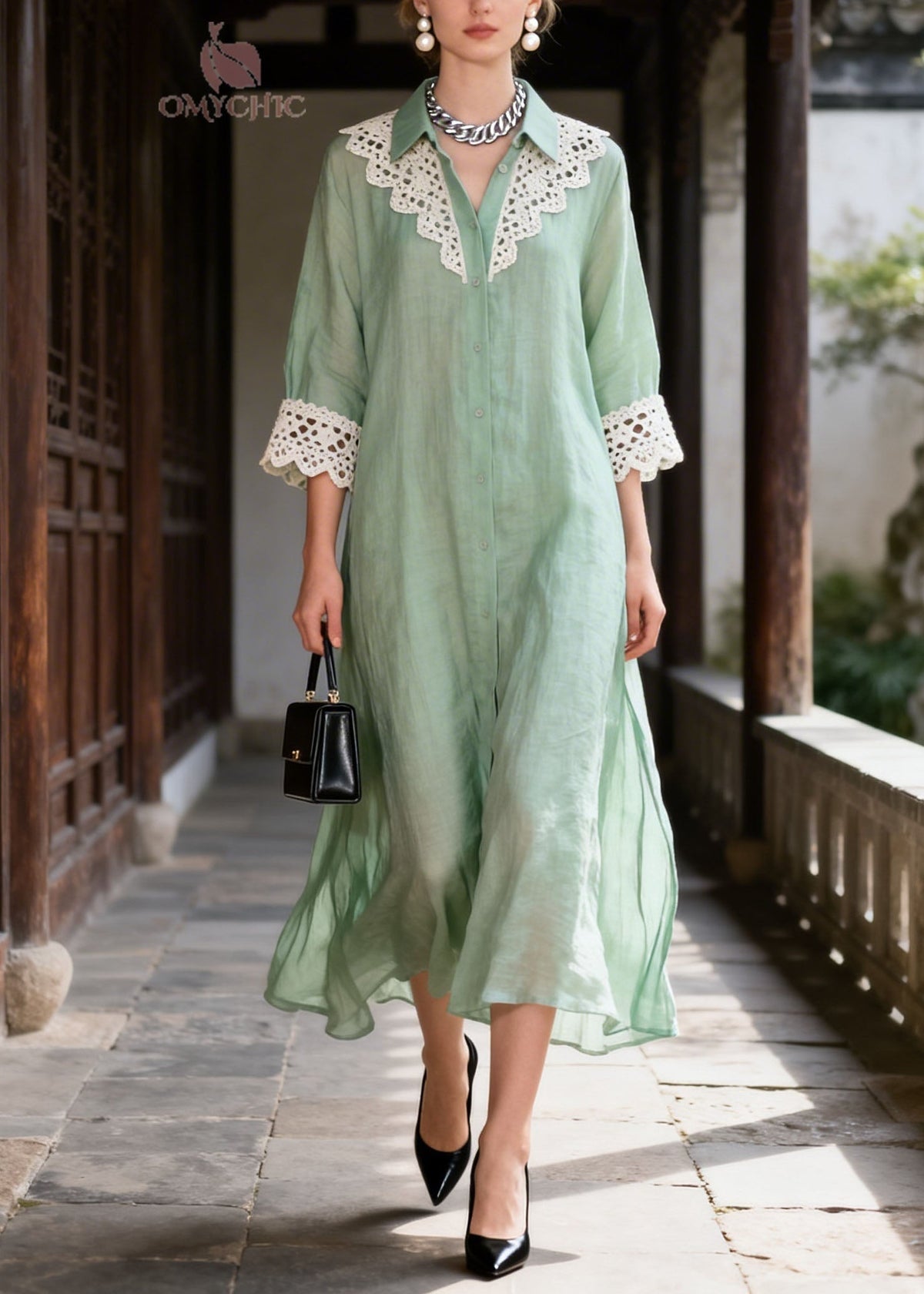 Lace Trim Collar Button Front Three Quarter Sleeve A-Line Midi Dress - View 5