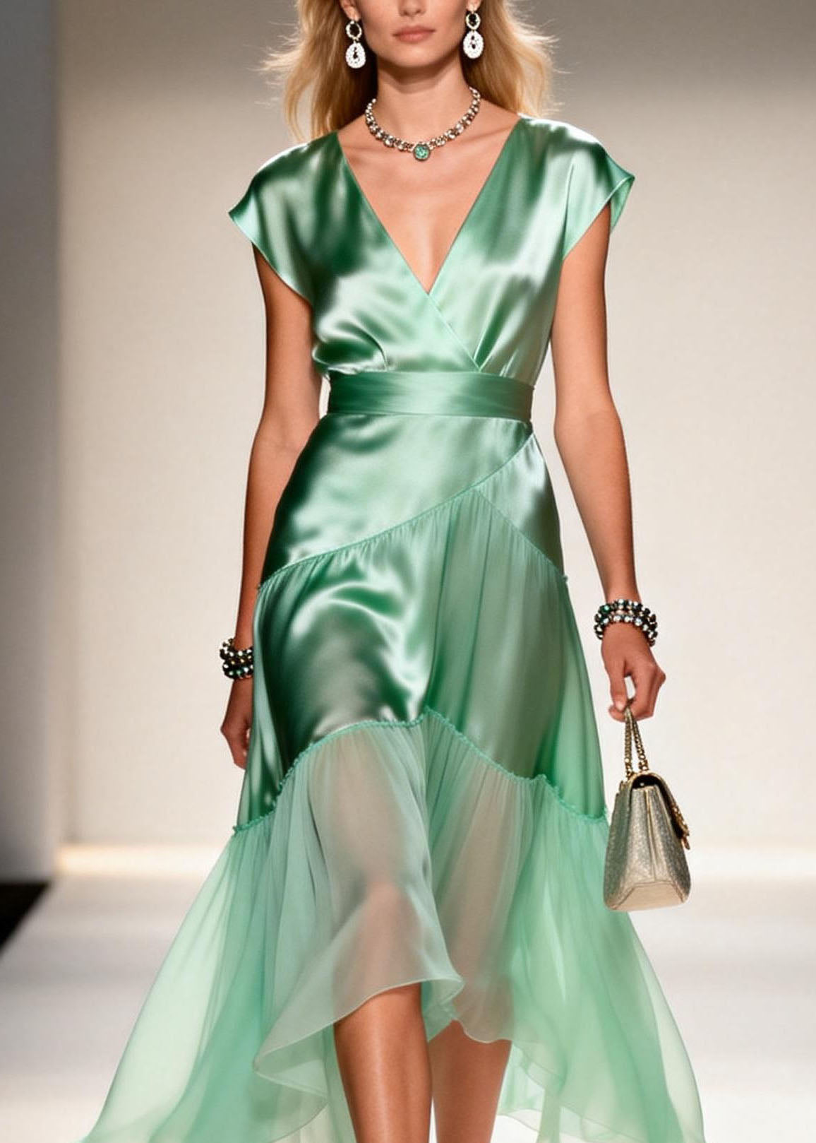 Satin Wrap V-Neck Cap Sleeve Sheer Tiered Ruffle Midi Dress