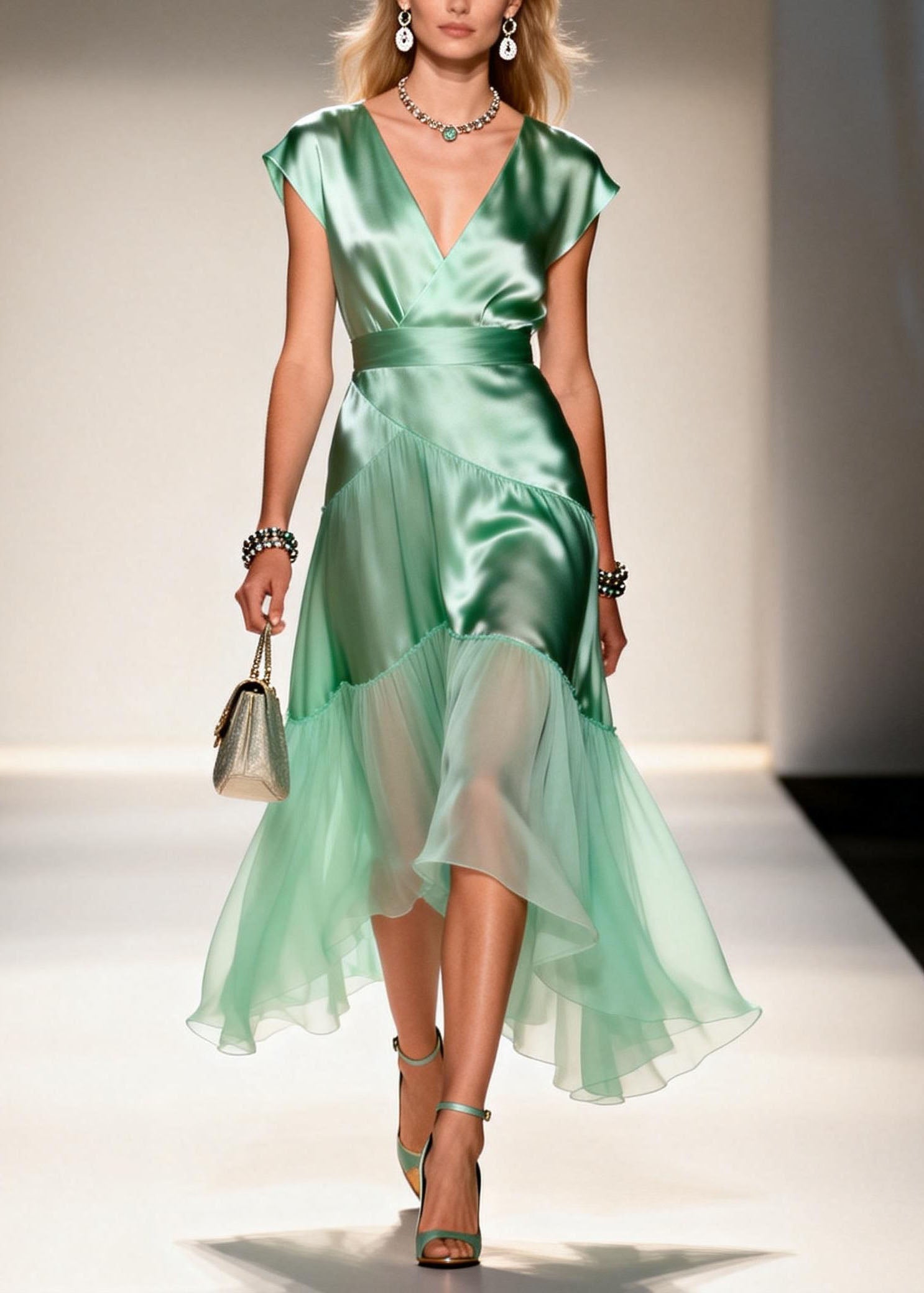 Satin Wrap V-Neck Cap Sleeve Sheer Tiered Ruffle Midi Dress