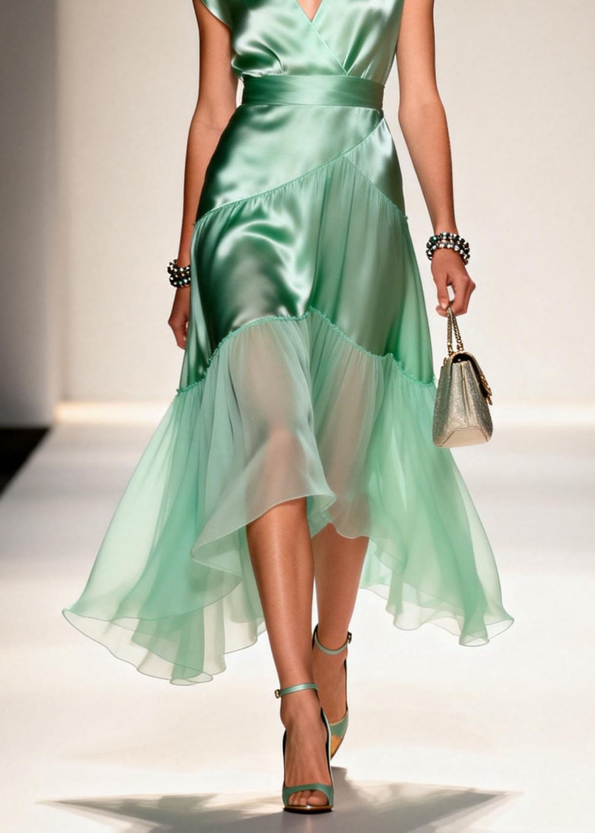 Satin Wrap V-Neck Cap Sleeve Sheer Tiered Ruffle Midi Dress
