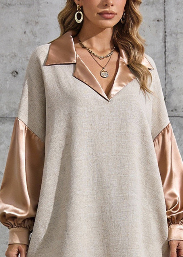 V-Neck Notched Collar Lantern Sleeve Button Cuff Shirt Tail Patchwork Mini Dress