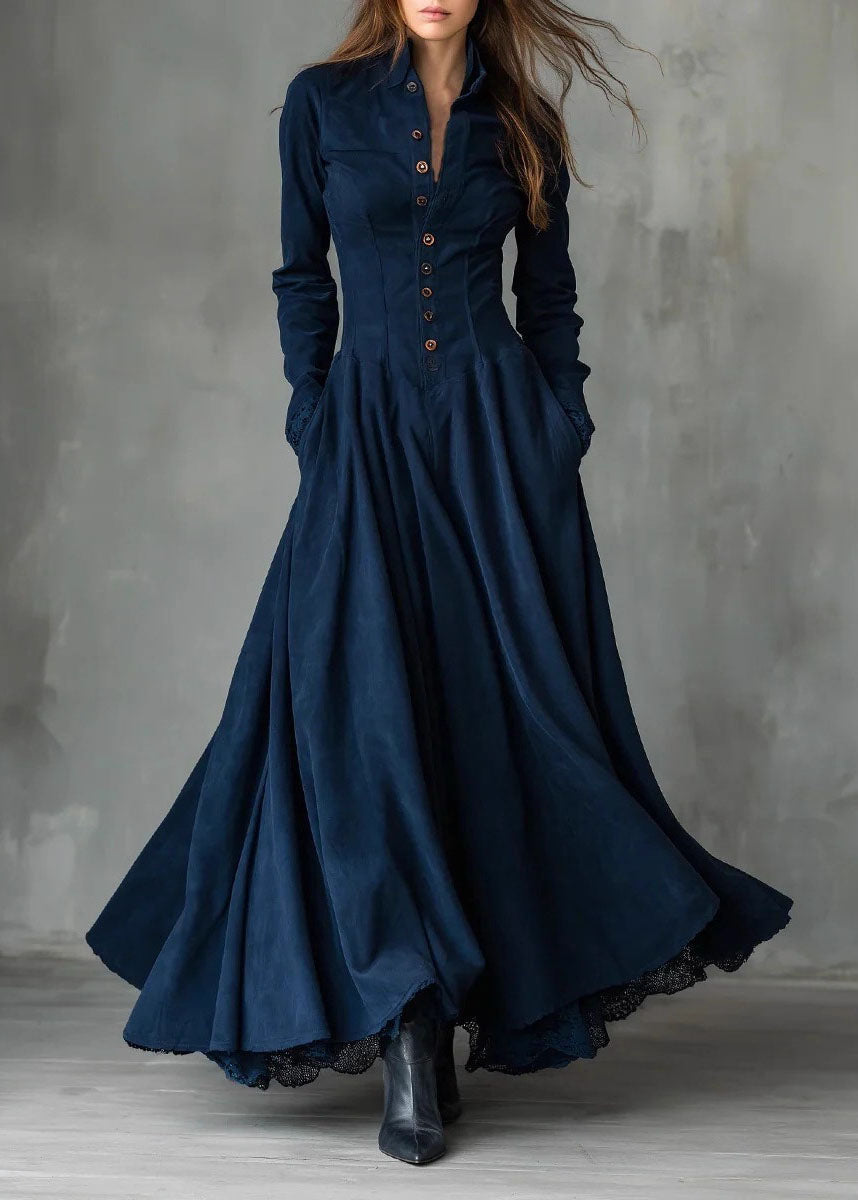 Button Front Stand Collar Lace Trim Pleated Pocket Long Sleeve Maxi Dress