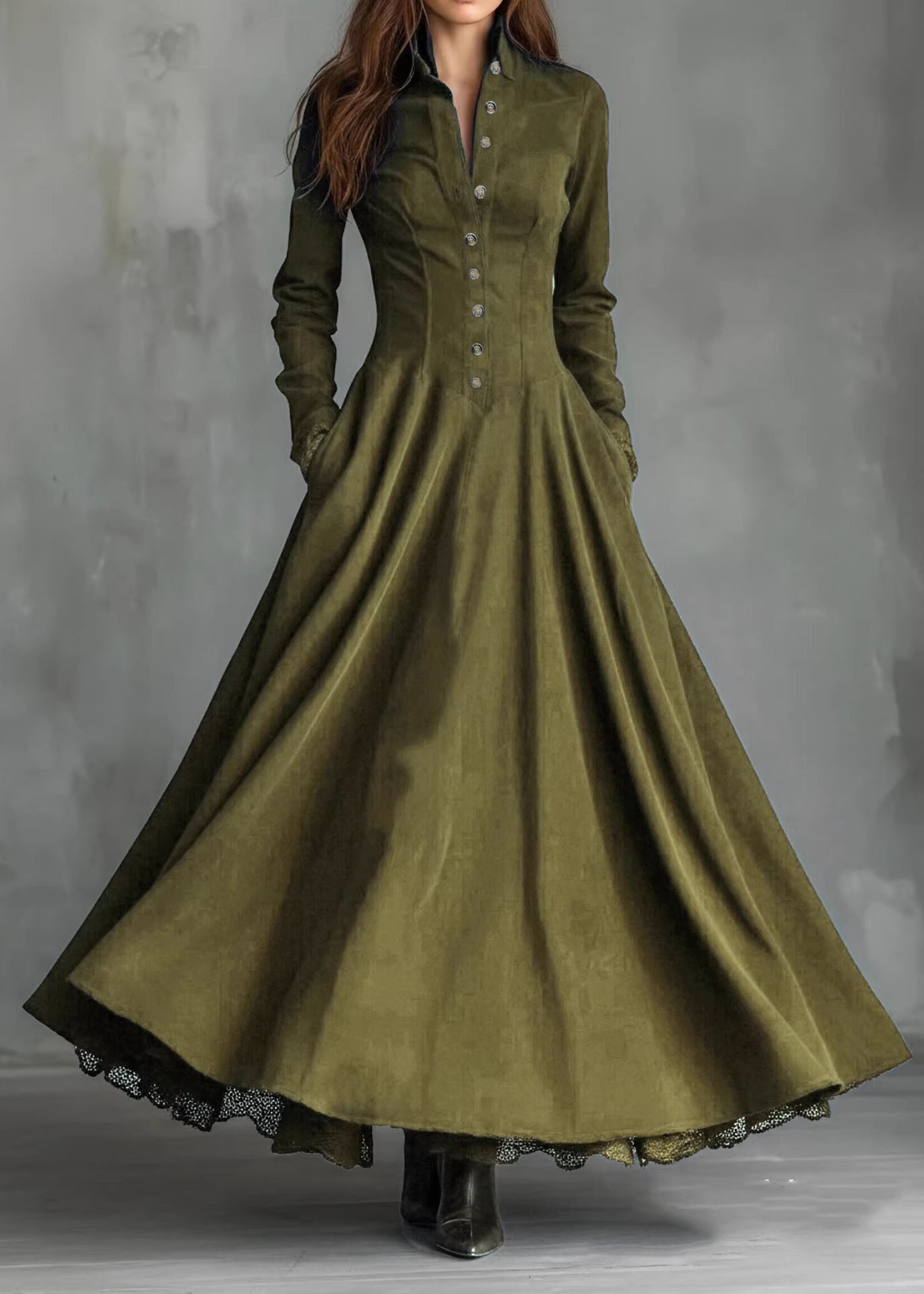 Button Front Stand Collar Lace Trim Pleated Pocket Long Sleeve Maxi Dress