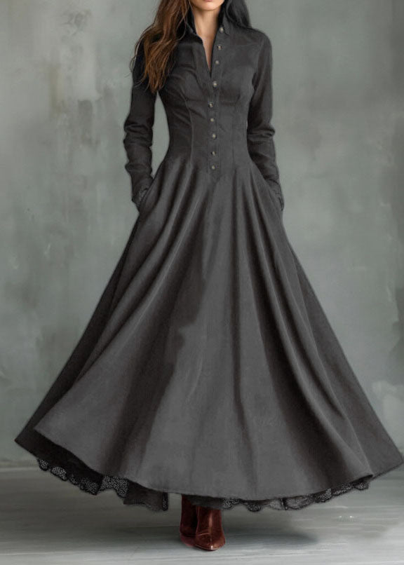 Button Front Stand Collar Lace Trim Pleated Pocket Long Sleeve Maxi Dress