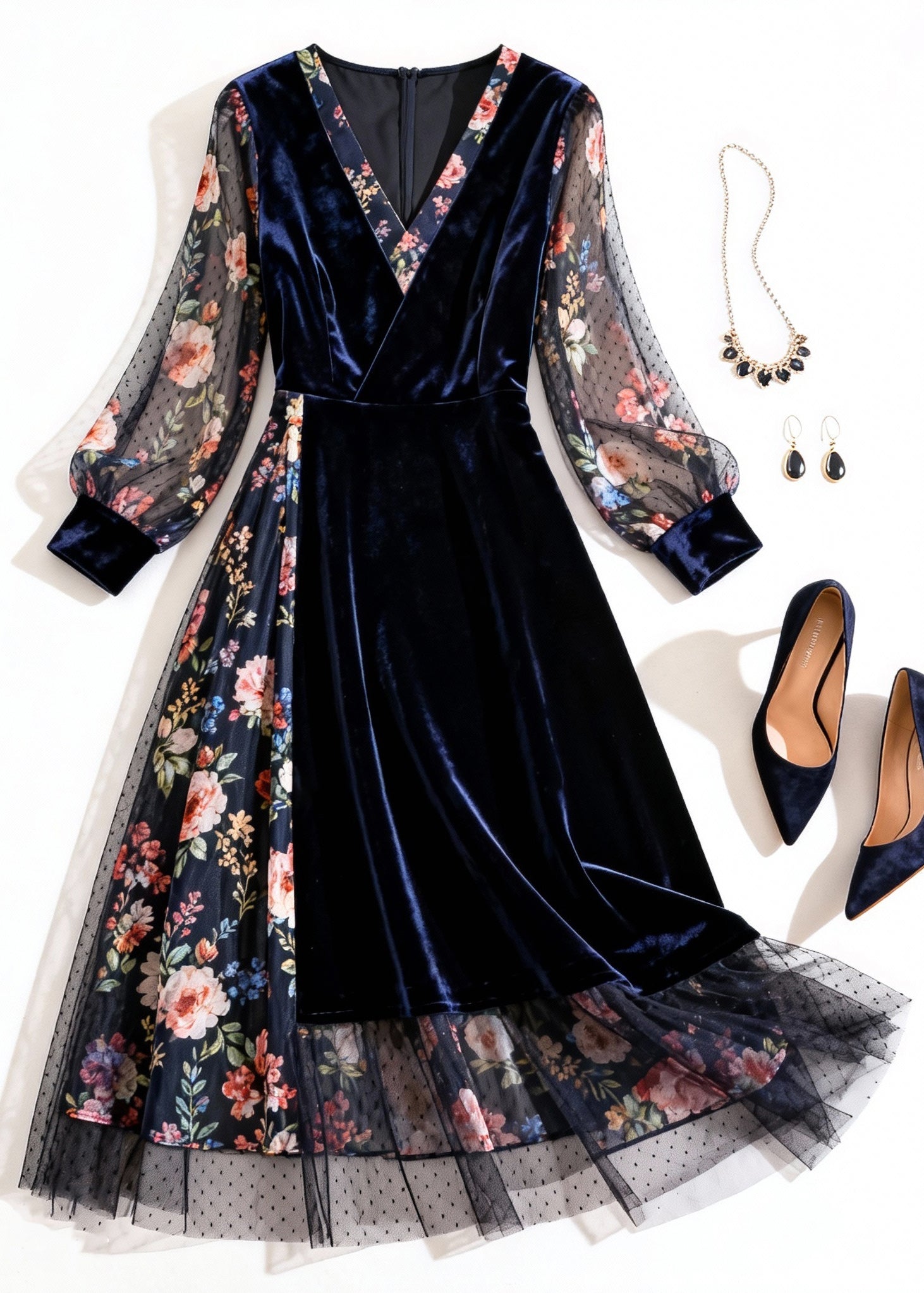 Velvet Wrap V-Neck Floral Mesh Balloon Sleeve Ruffle Hem Midi Dress