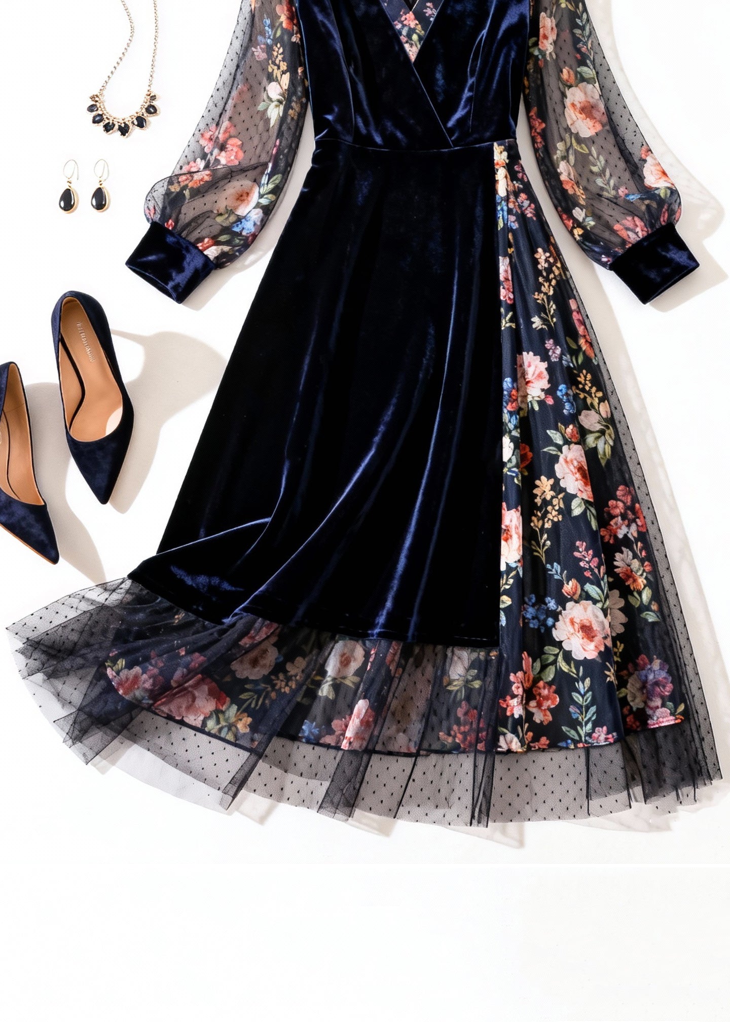 Velvet Wrap V-Neck Floral Mesh Balloon Sleeve Ruffle Hem Midi Dress