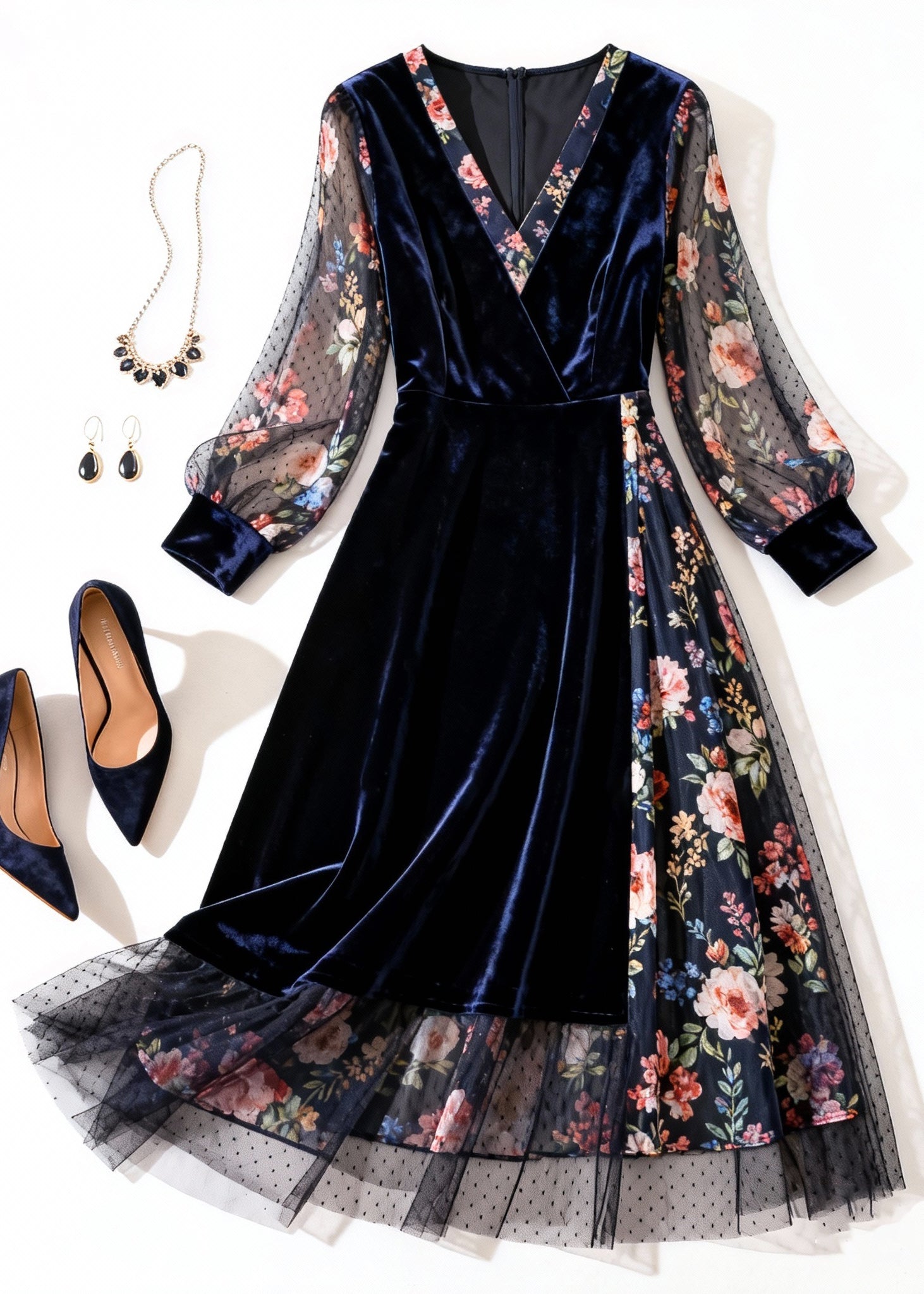 Velvet Wrap V-Neck Floral Mesh Balloon Sleeve Ruffle Hem Midi Dress