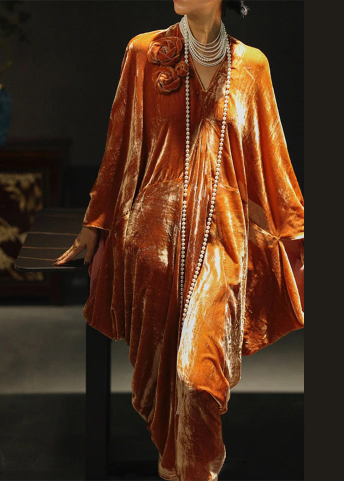 Velvet Deep V-Neck Batwing Sleeve Rosette Appliqué Draped Kaftan Maxi Gown