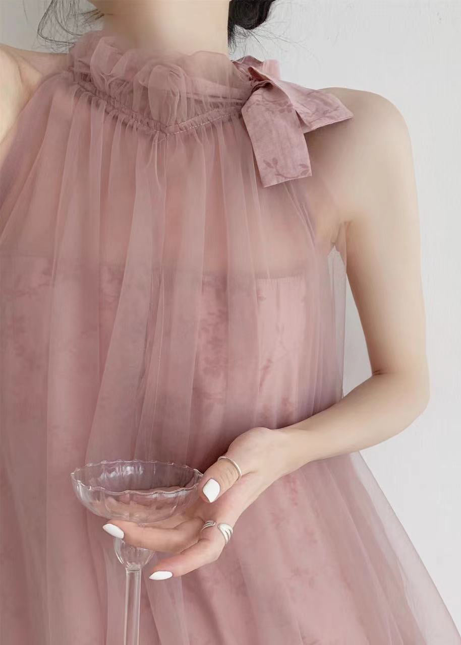 New Pink Halter Design Print Chiffon Dress Sleeveless 2