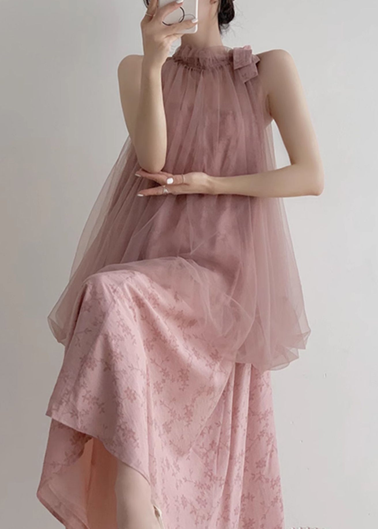 New Pink Halter Design Print Chiffon Dress Sleeveless 3
